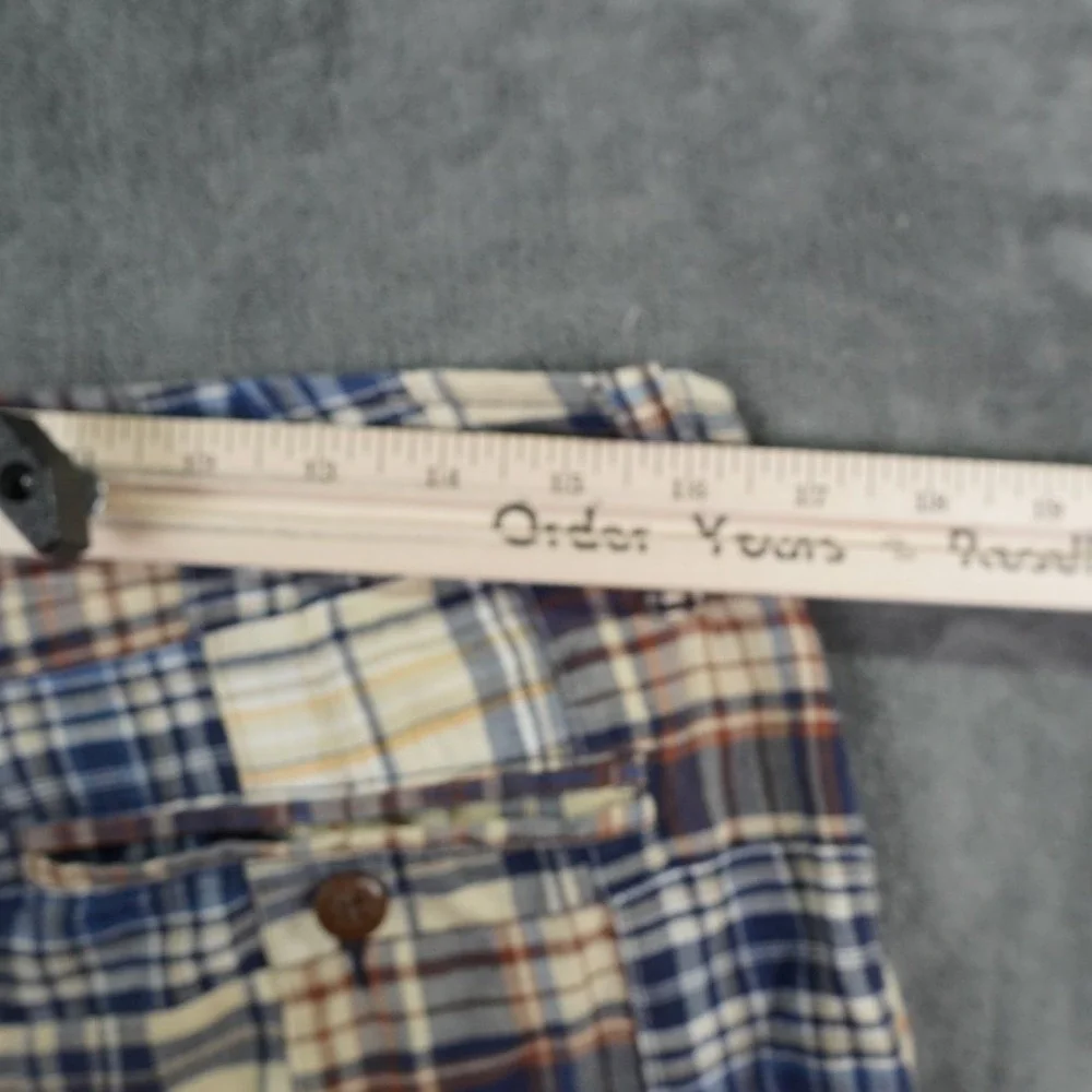 J Crew Patchwork Madras Shorts Mens 32 Blue Tan Plaid Cotton Summer Preppy